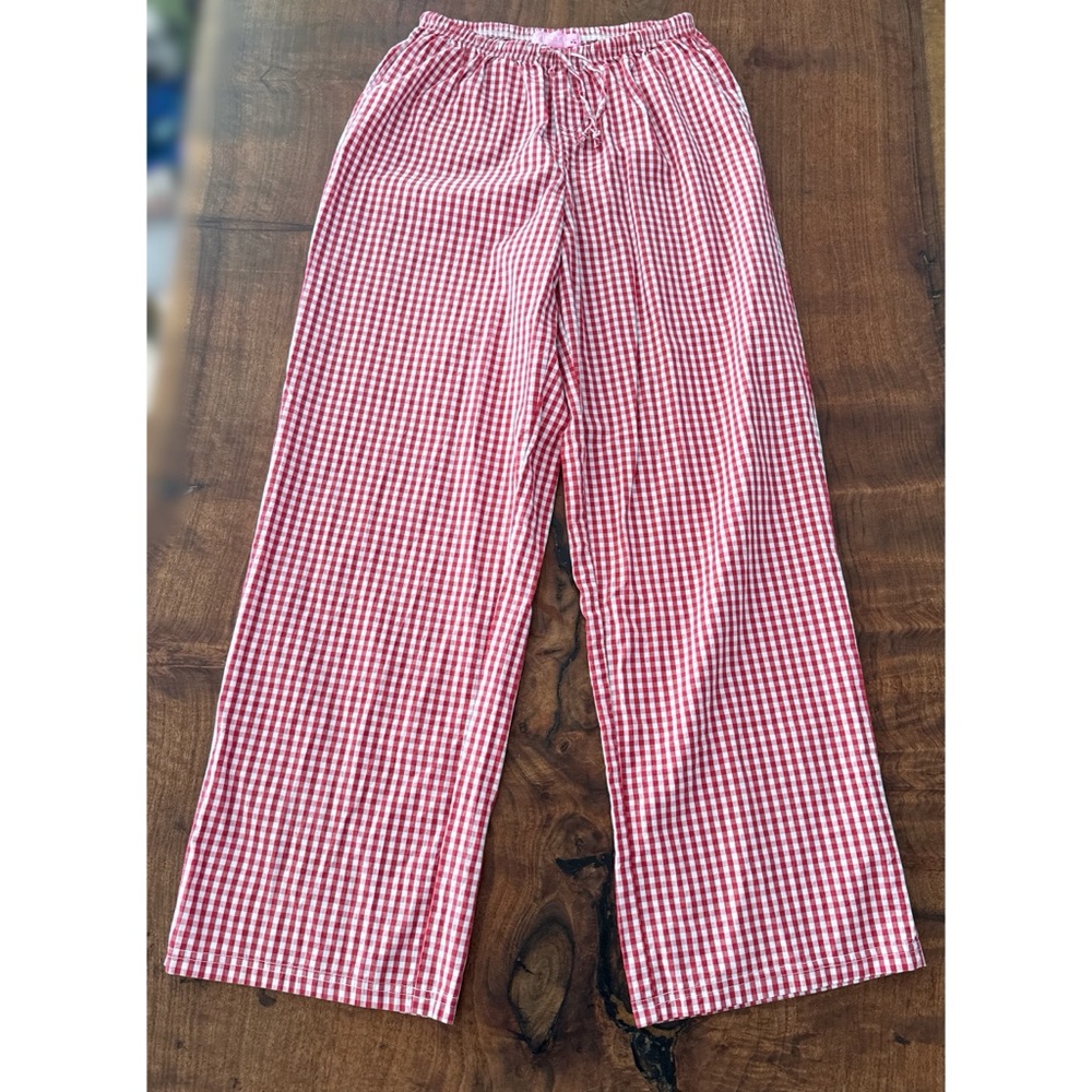 EUC Vinyl Threads Cherry Red Ruffle Heart Gingham Boxer Graphic Pull-On Pants - Picture 2 of 9